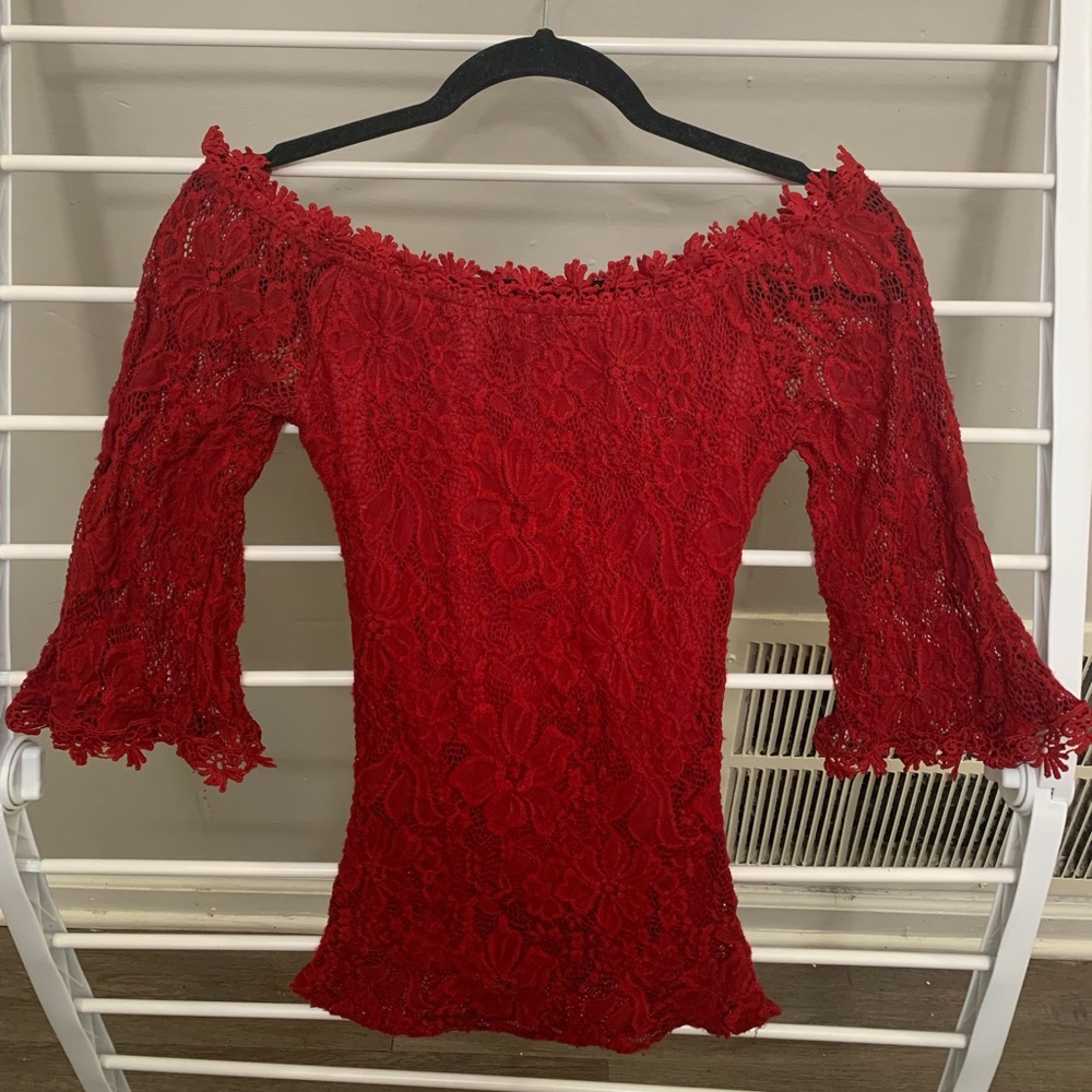 Red Up-Cycled Lace Off-Shoulder Top